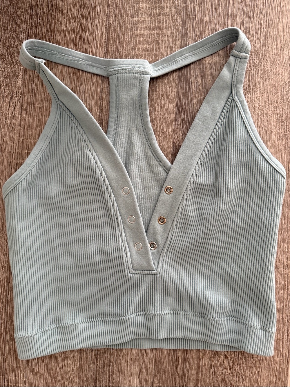 Light Blue Ribbed Snap-Front Halter Crop Top - Picture 5 of 7